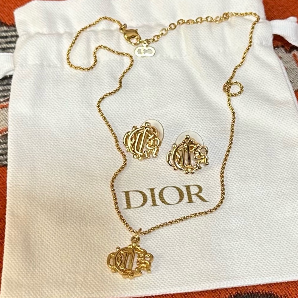 Dior Gold Logo Necklace and Earrings Set